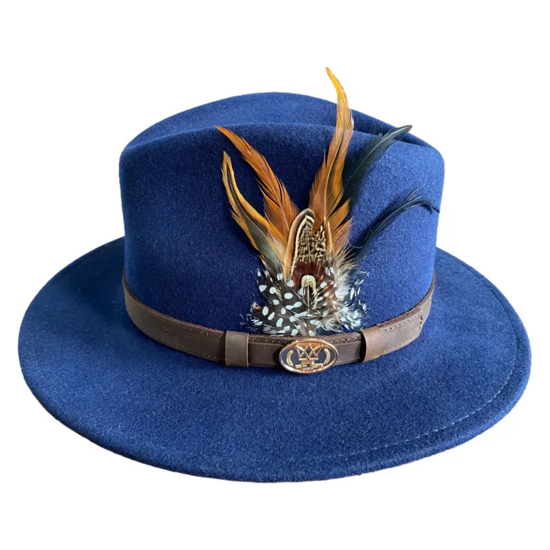 Hazy Blue Fedora Felt Hat With Pheasant Feather In Navy