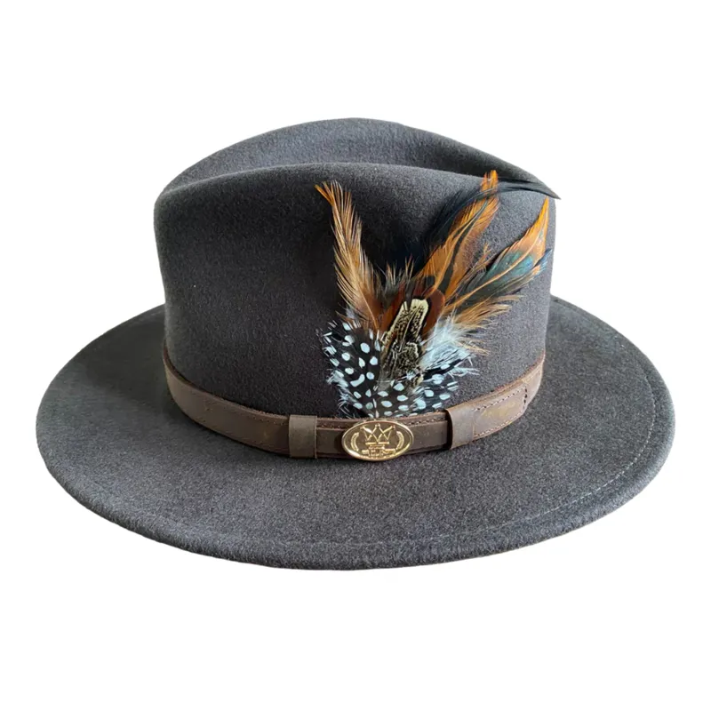 Hazy Blue Fedora Felt Hat With Pheasant Feather In Brown