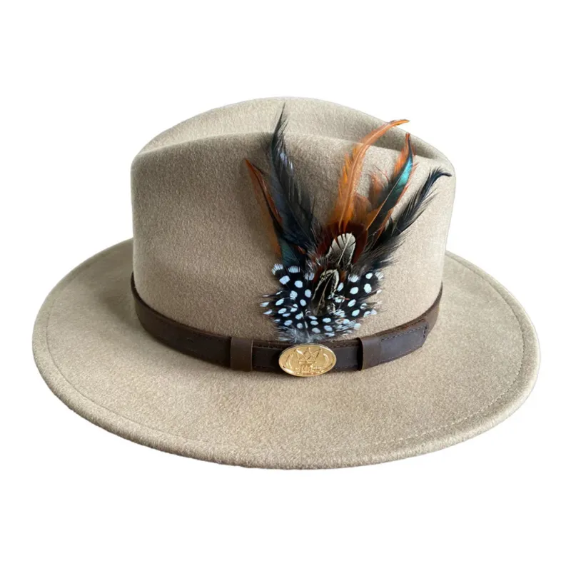 Hazy Blue Fedora Felt Hat With Pheasant Feather In Camel