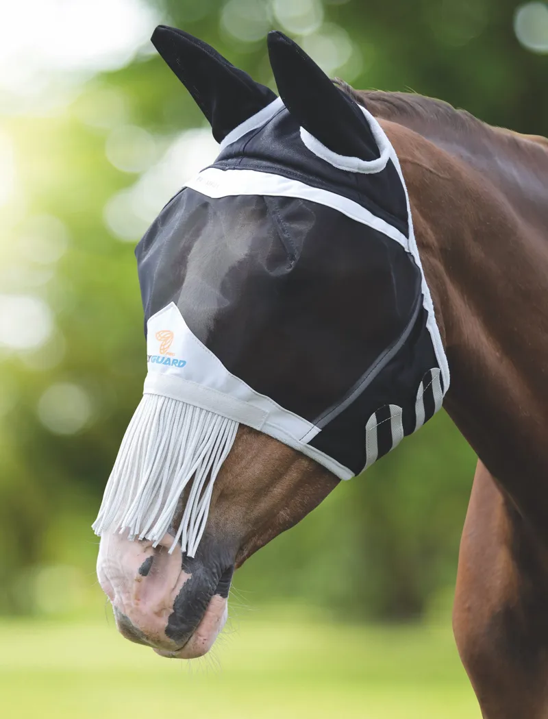 FlyGuard Pro Fine Mesh Fly Mask With Ears and Nose Fringe in Black-1