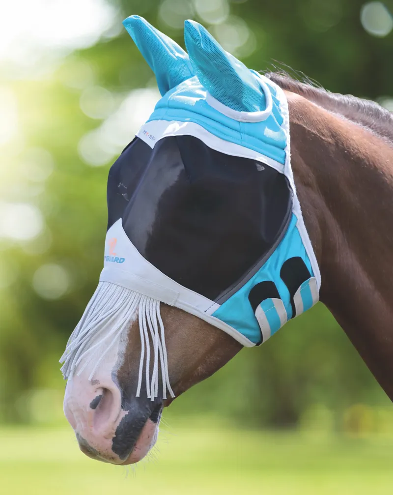 FlyGuard Pro Fine Mesh Fly Mask With Ears and Nose Fringe in Teal-1