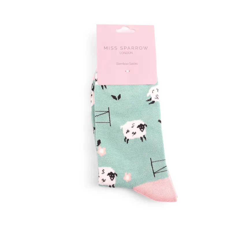 Miss Sparrow Jumping Sheep Socks in Duck Egg