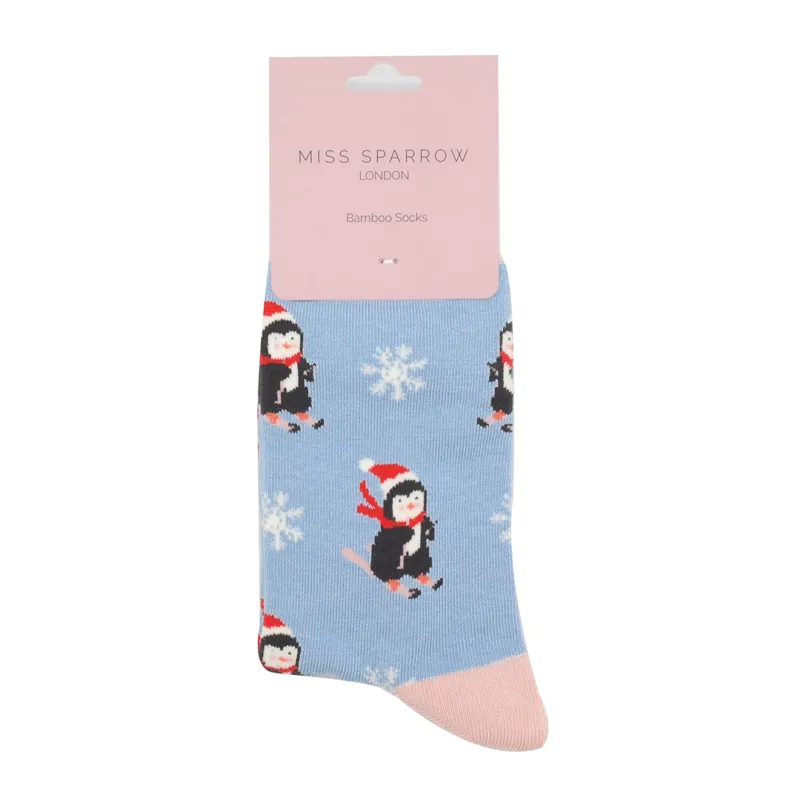 Miss Sparrow Skiing Penguins Socks 3-7 in Powder Blue