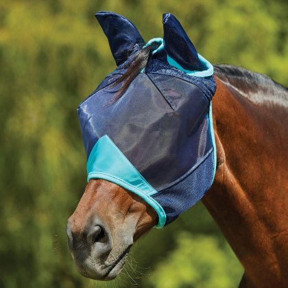 Weatherbeeta ComFiTec Deluxe Fine Mesh Mask with Ears Navy/Turquoise