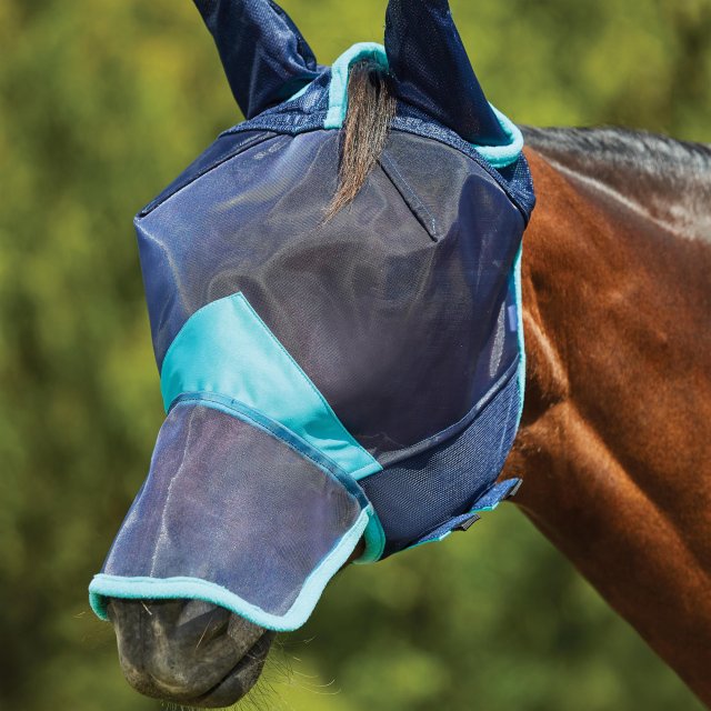 Weatherbeeta Products Weatherbeeta ComFiTec Deluxe Fine Mesh Mask with Ears and Nose Navy/Turquoise