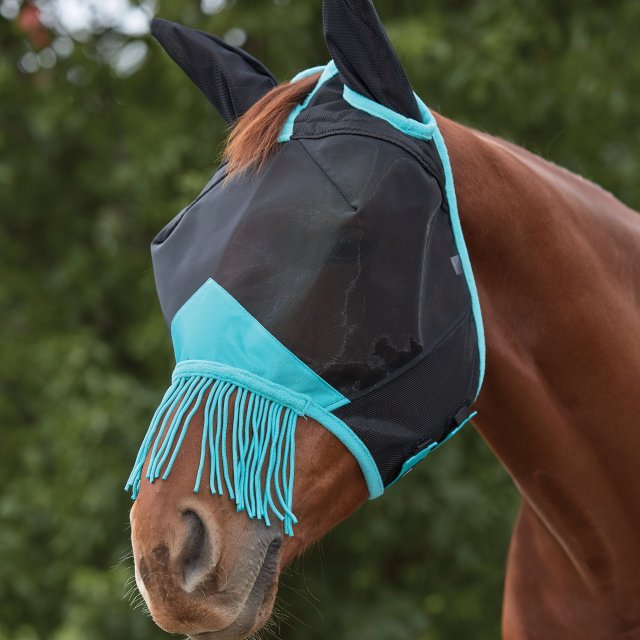Weatherbeeta Products Weatherbeeta ComFiTec Deluxe Fine Mesh Mask with Ears and Tassels Black/Turquoise