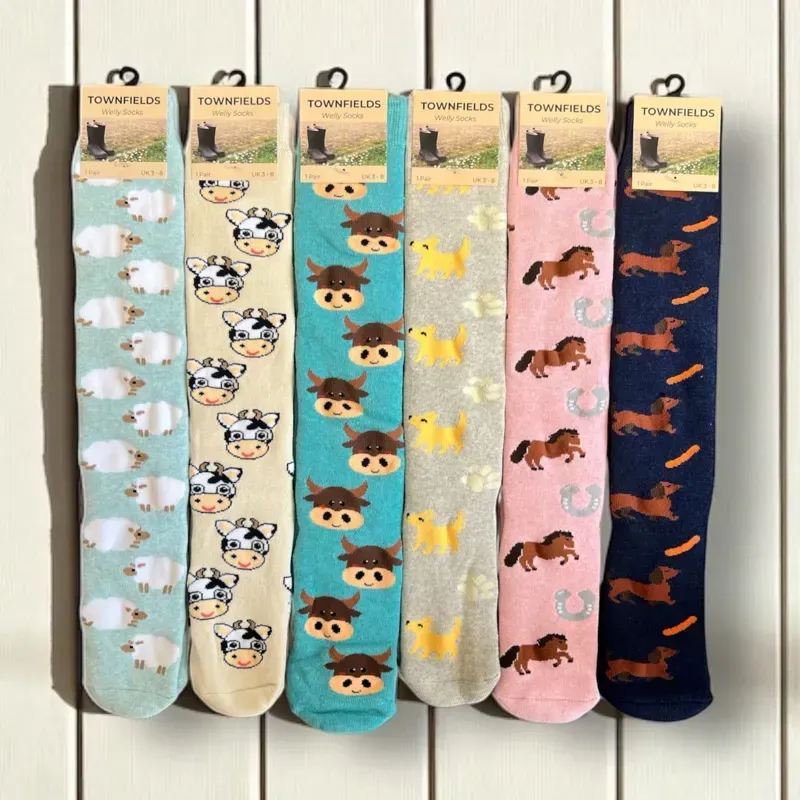 Townfields Welly Socks Cow Print in Milk White-1