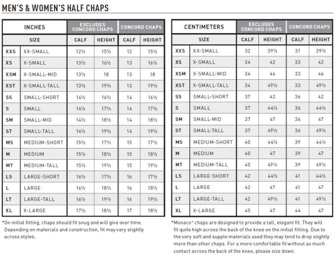 Half Chap Size Chart